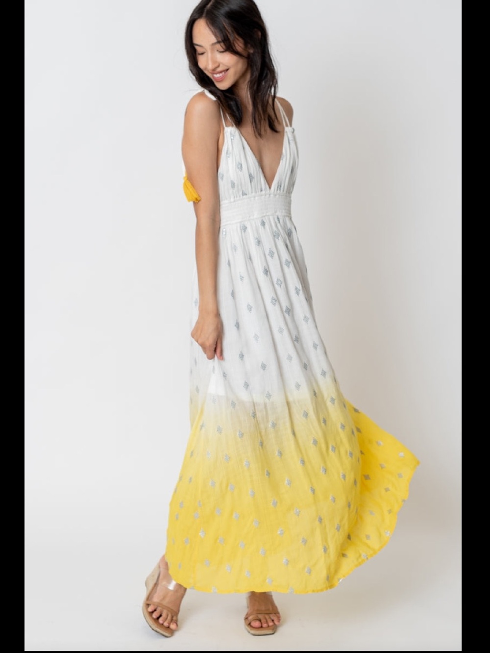 En Crème White & Yellow Ombre Maxi Dress with Tassel Straps ♥️♥️